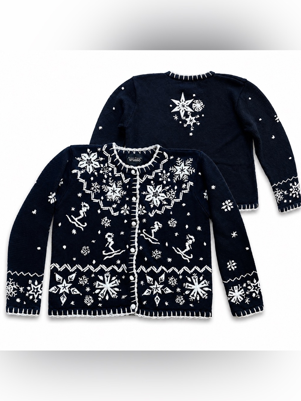 Vintage Christmas Ski Sweater Cardigan black  White Small